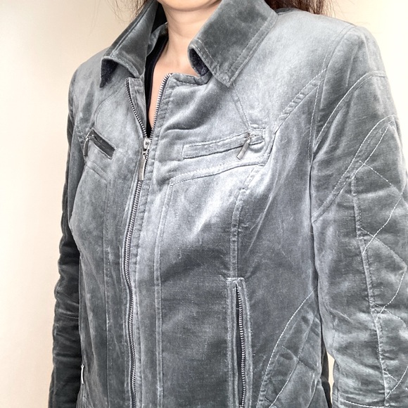 Never worn Grey Motorbike look velvet jacket, stitching details. Size 40. - Picture 2 of 4